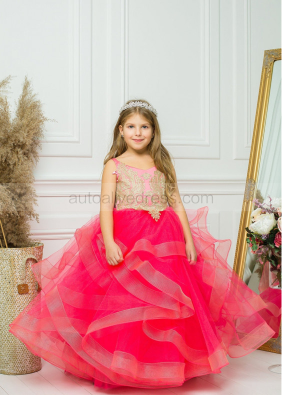 Gold Lace Ruffled Tulle Tutu Flower Girl Dress